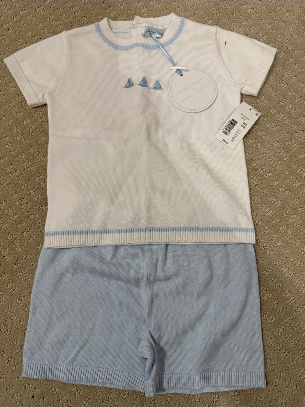 Edgehill Collection White & Light Blue Knit Set with Embroidered Sailboats
